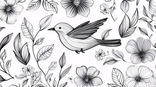 黑白花鸟图案插画