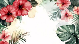 热带花卉与绿叶装饰图