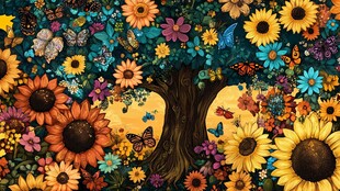 梦幻花卉大树与蝴蝶图景