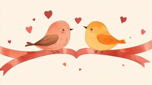 甜蜜双鸟栖于爱心丝带