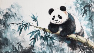熊猫栖竹间 水墨绘憨态