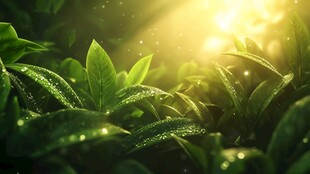 清晨露珠闪耀的翠绿叶片