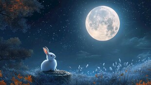 月下白兔独赏静谧夜色