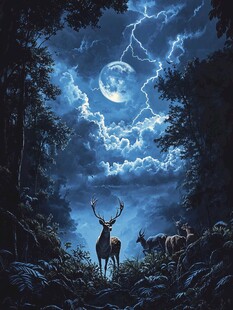 月夜雷电下的森林鹿群
