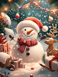 圣诞雪人伴驯鹿与礼物
