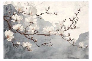 玉兰花枝映远山意境图