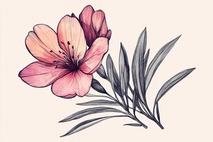 手绘粉色花卉与叶片图案