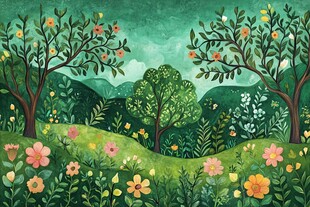 春日绿野繁花树木美景图