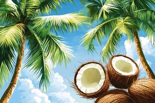 椰林蓝天与新鲜椰子