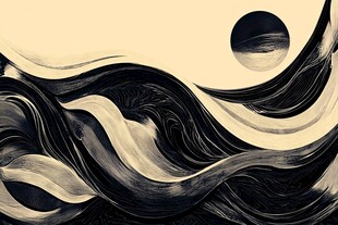 水墨海浪与天际圆月