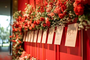红色浪漫婚礼花墙席位卡