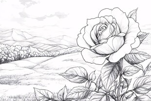 田野中的单枝素描玫瑰花