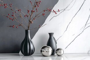 简约黑白花瓶与金属摆件