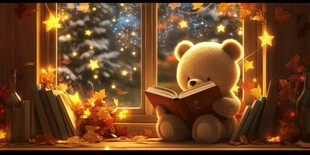 小熊窗边阅读温馨场景