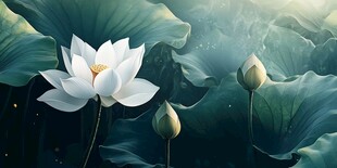 梦幻白莲绽于翠绿莲叶间