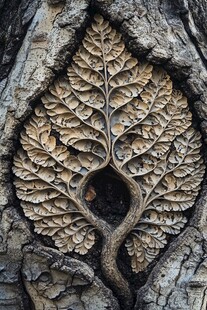 树干上的精美树叶雕刻