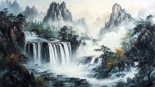 山水瀑布国画景观