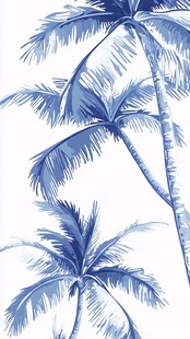 蓝调手绘风三棵椰子树