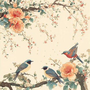 花鸟图韵 枝头雀语伴繁花