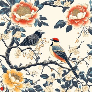 花鸟图 双雀栖于繁花间