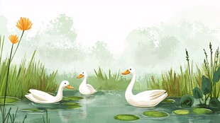 池塘中的三只白鹅