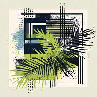 热带棕榈叶与几何抽象图案