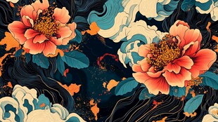 国潮花卉海浪图案设计