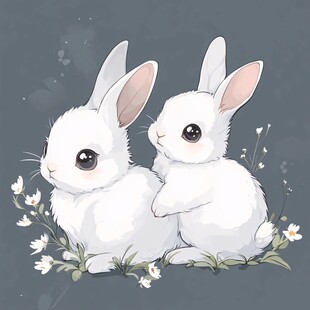 依偎的白兔与烂漫小花