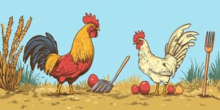 田园中公鸡母鸡与农具鸡蛋