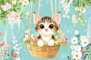 吊篮中的萌猫与烂漫花卉