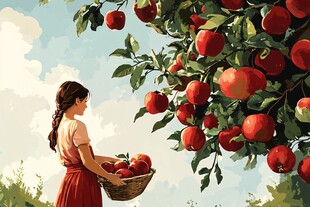 女孩果园摘苹果美好场景