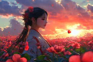 夕阳下花田中的古风女子