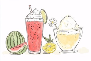 夏日清凉饮品与水果插画