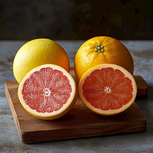 新鲜西柚摆放在木砧板上