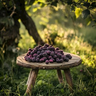 木凳上的新鲜桑葚果实