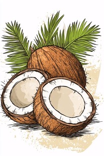 手绘椰子与翠绿椰叶