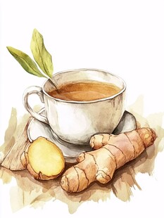 一杯姜茶与鲜姜的水彩画