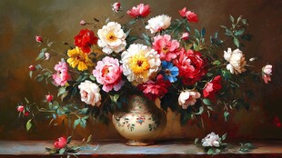 古典花瓶中的多彩花卉