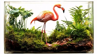 火烈鸟置身绿意盎然微景观