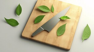 砧板上的厨刀与新鲜叶片