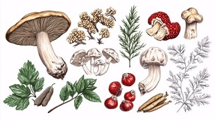 蘑菇与草药的手绘集合