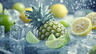 菠萝柠檬等水果与冰块场景