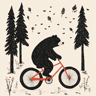 黑熊骑行于森林梦幻场景