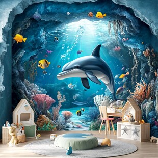 海底世界主题儿童房背景墙