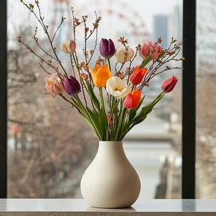 窗边花瓶中的多彩郁金香