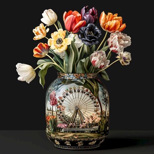 彩绘花瓶插满多彩郁金香