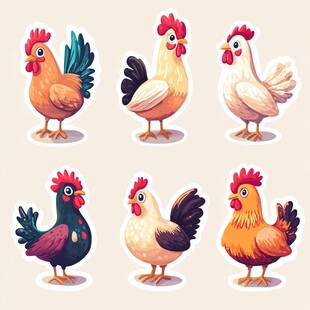可爱卡通风格的多彩鸡贴纸