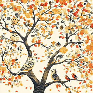 秋日树上的猫头鹰与小鸟