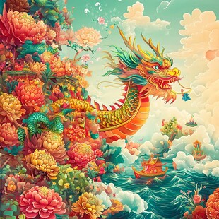 祥龙戏花于碧海蓝天间