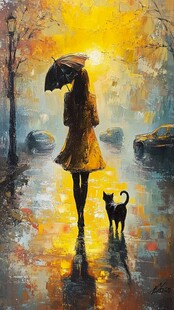 雨中漫步的女子与猫咪
